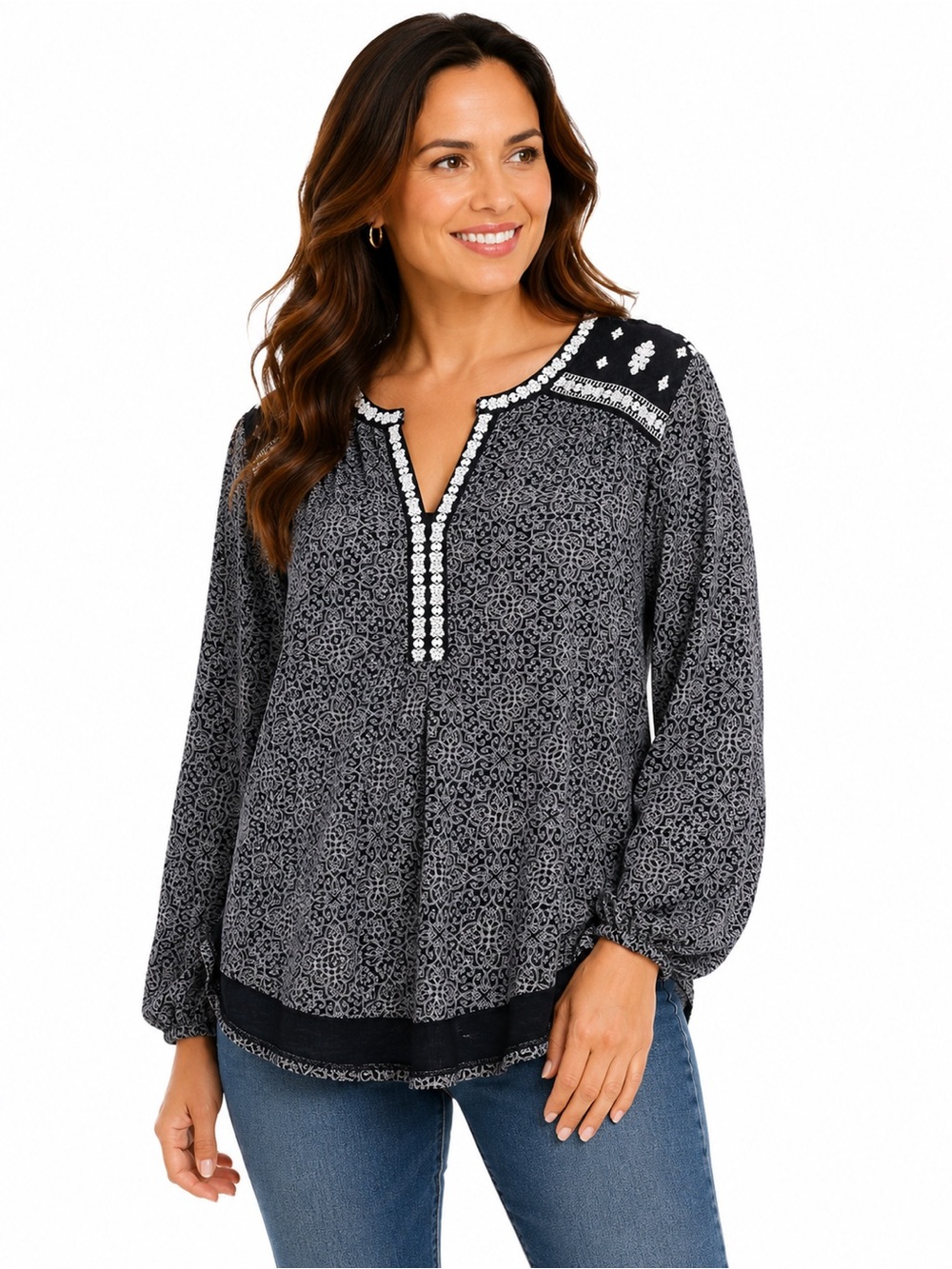 Lucky Brand Black & White Printed Peasant Blouse